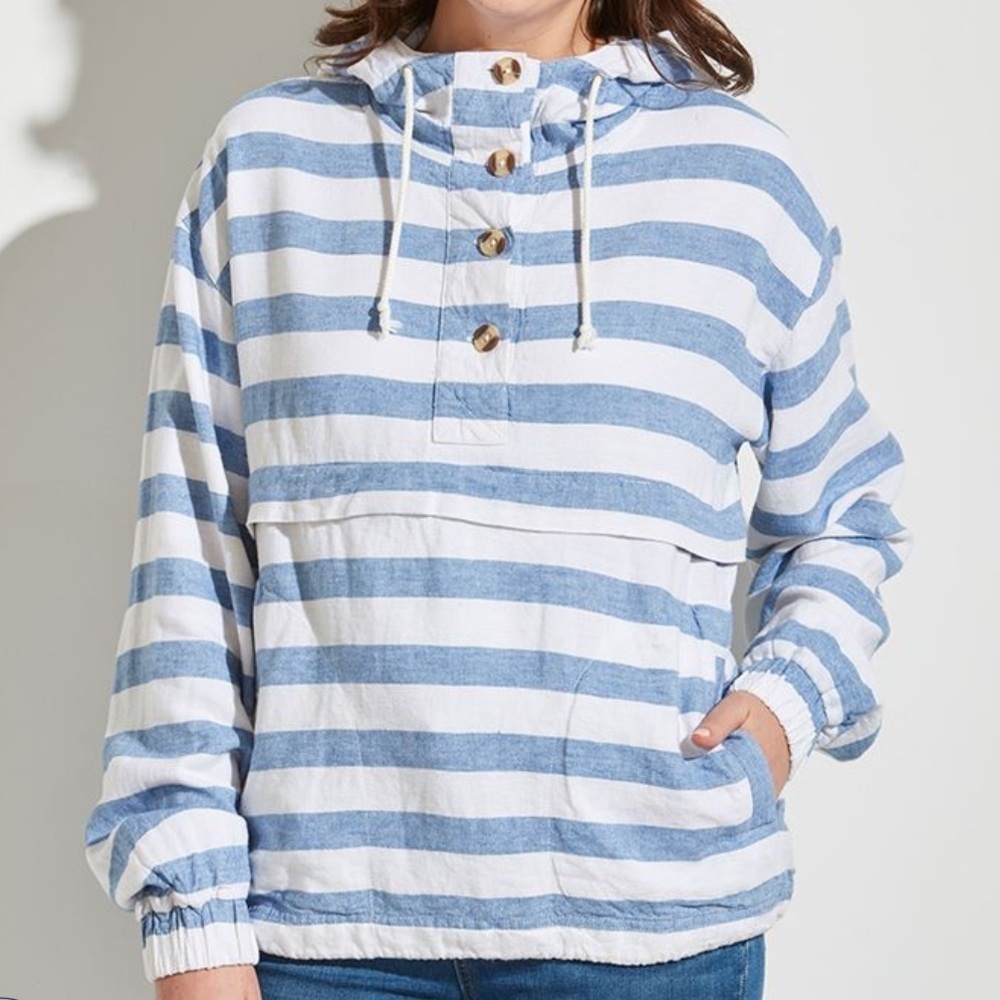 Striped Blue and White Women's Hoodie - Picture 2 of 16